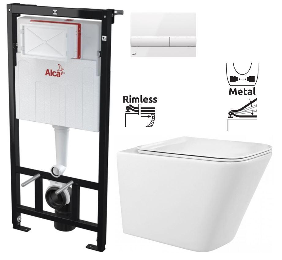 Obrázok ALCADRAIN Sádromodul - predstenový inštalačný systém s bielym tlačidlom M1710 + WC REA Raul Rimless + SEDADLO AM101/1120 M1710 RA1