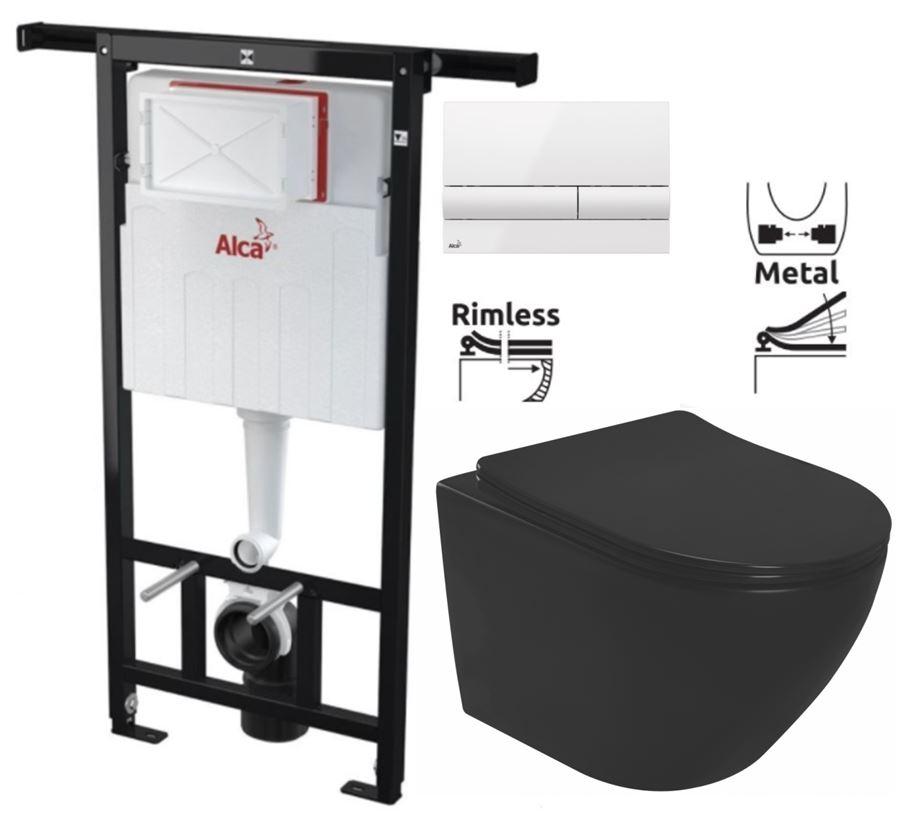 Obrázok ALCADRAIN Jádromodul - predstenový inštalačný systém s bielym tlačidlom M1710 + WC REA CARLO MINI RIMLESS ČIERNY MAT + SEDADLO AM102/1120 M1710 MM1