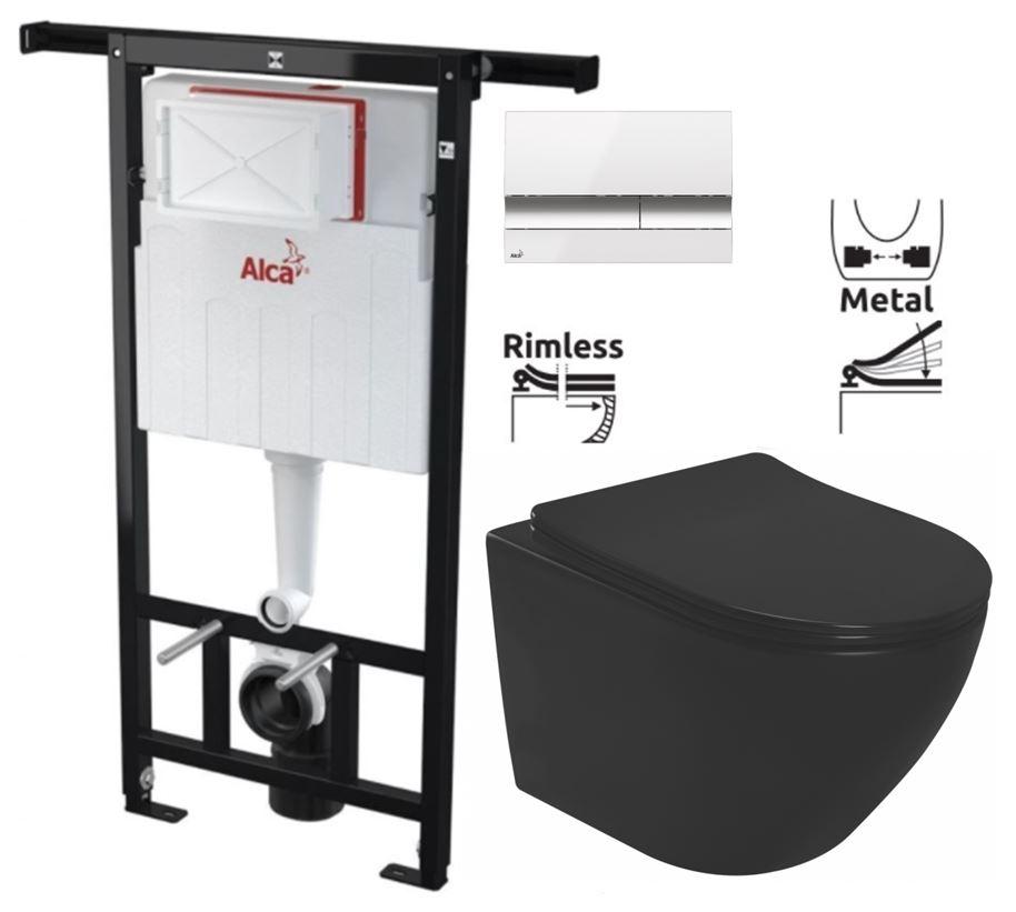 Obrázok ALCADRAIN Alcadrain Jádromodul - predstenový inštalačný systém s bielym / chróm tlačidlom M1720-1 + WC REA CARLO MINI RIMLESS ČIERNY MAT + SEDADLO AM102/1120 M1720-1 MM1