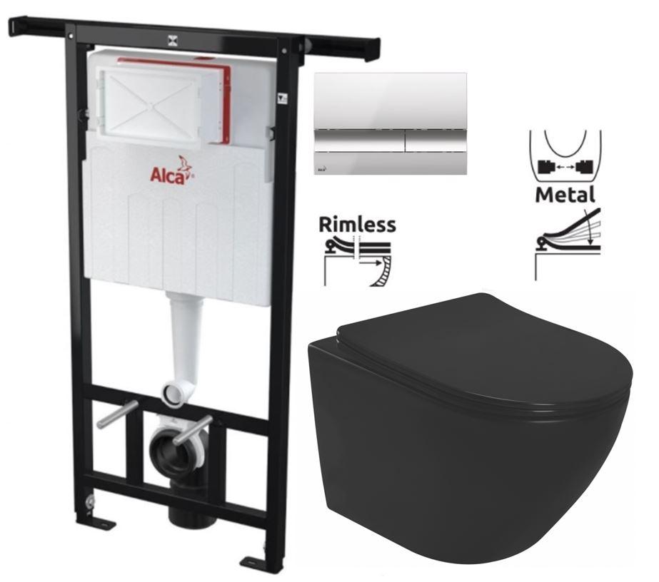 Obrázok ALCADRAIN Alcadrain Jádromodul - predstenový inštalačný systém s chrómovým tlačidlom M1721 + WC REA CARLO MINI RIMLESS ČIERNY MAT + SEDADLO AM102/1120 M1721 MM1