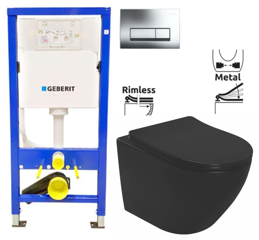Obrázok GEBERIT DuofixBasic s chrómovým tlačidlom DELTA51 (458.103.00.1 51CR MM1)+ WC REA CARLO MINI RIMLESS ČIERNY MAT + SEDADLO 458.103.00.1 51CR MM1
