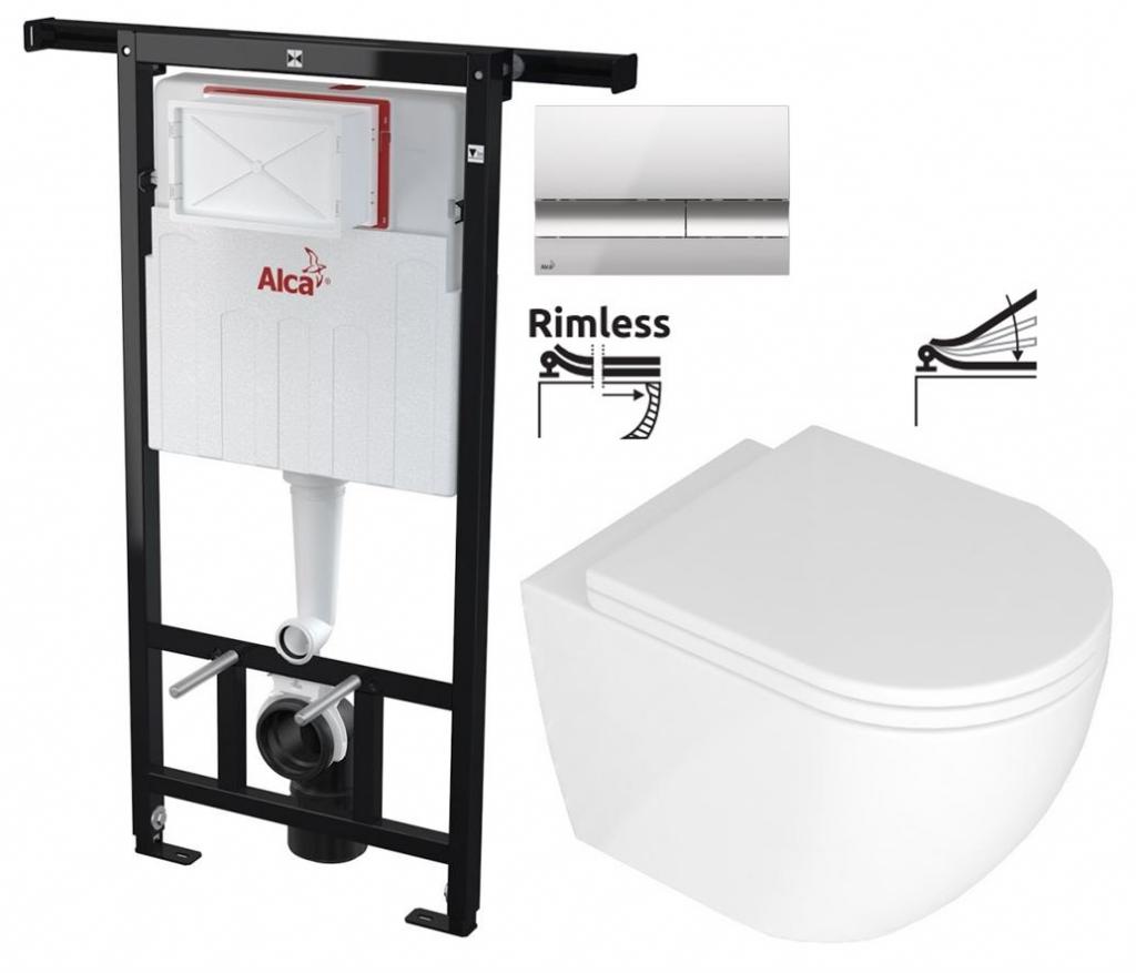 Obrázok ALCAPLAST Jádromodul - predstenový inštalačný systém s chrómovým tlačidlom M1721 + WC REA Carlo Mini Basic Rimlesss + SEDADLO AM102/1120 M1721 CB1