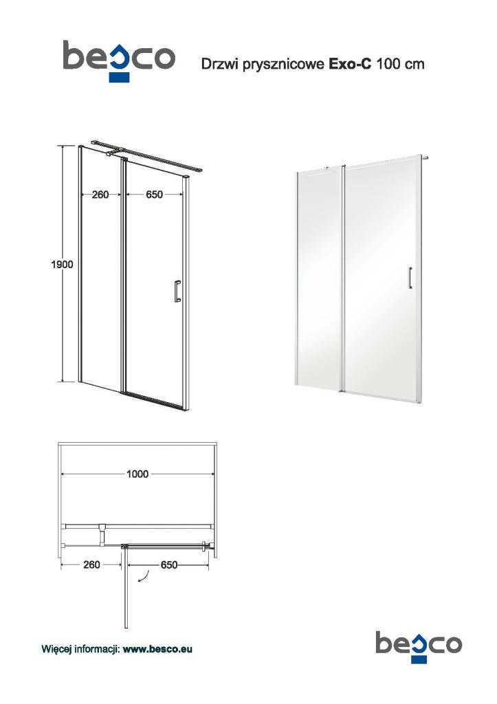 Obrázok HOPA - Bezrámové sprchové dvere EXO-C - Farba rámu zásteny - Hliník chróm, Pevná stena - 100 cm, Rozmer A - 100 cm, Rozmer C - 190 cm, Smer zatváranie - Univerzálny Ľavé / Pravé, Výplň - Číre bezpečnostné sklo - 6 mm BCEXOC100CC + BCEXOCH100CC