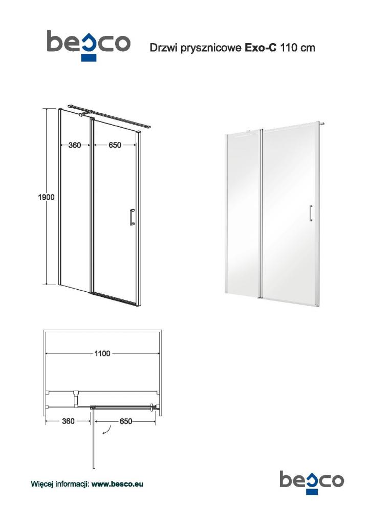 Obrázok HOPA - Bezrámové sprchové dvere EXO-C - Farba rámu zásteny - Hliník chróm, Pevná stena - 100 cm, Rozmer A - 110 cm, Rozmer C - 190 cm, Smer zatváranie - Univerzálny Ľavé / Pravé, Výplň - Číre bezpečnostné sklo - 6 mm BCEXOC110CC + BCEXOCH100CC