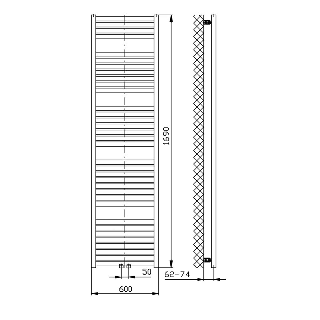 Obrázok AQUALINE - TONDI vykurovacie teleso 600x1690 mm, stredové pripojenie, biela DT490T