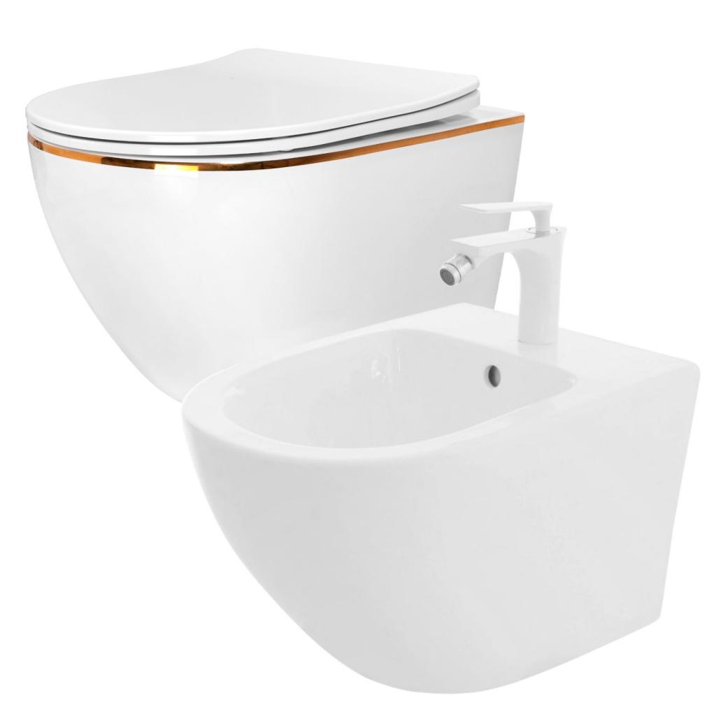 Obrázok REA/S - SET závesné WC Carlo Flat Mini Gold Edge Rimless + Bidet Carlo Mini REA-C1222 + REA-C2276