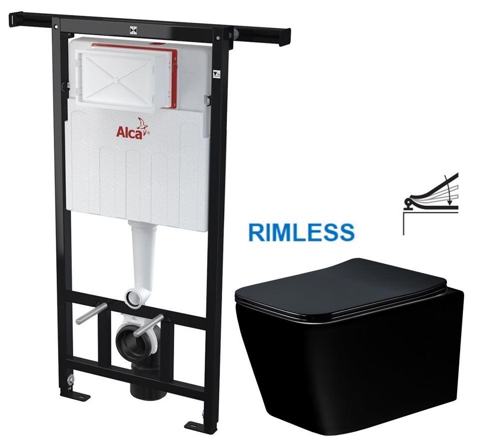 Obrázok ALCADRAIN Jádromodul - predstenový inštalačný systém bez tlačidla + WC MEXEN TEO ČERNÁ Rimless + SEDADLO AM102/1120 X ME02