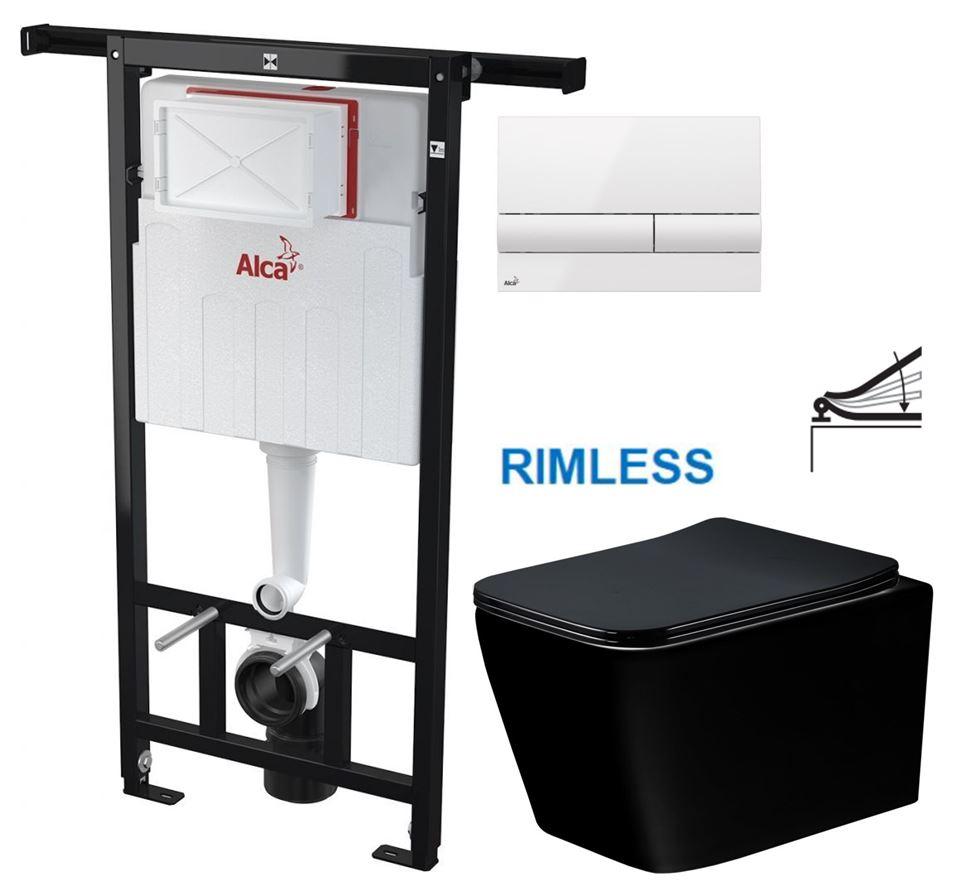 Obrázok ALCADRAIN Jádromodul - predstenový inštalačný systém s bielym tlačidlom M1710 + WC MEXEN TEO ČERNÁ Rimless + SEDADLO AM102/1120 M1710 ME02