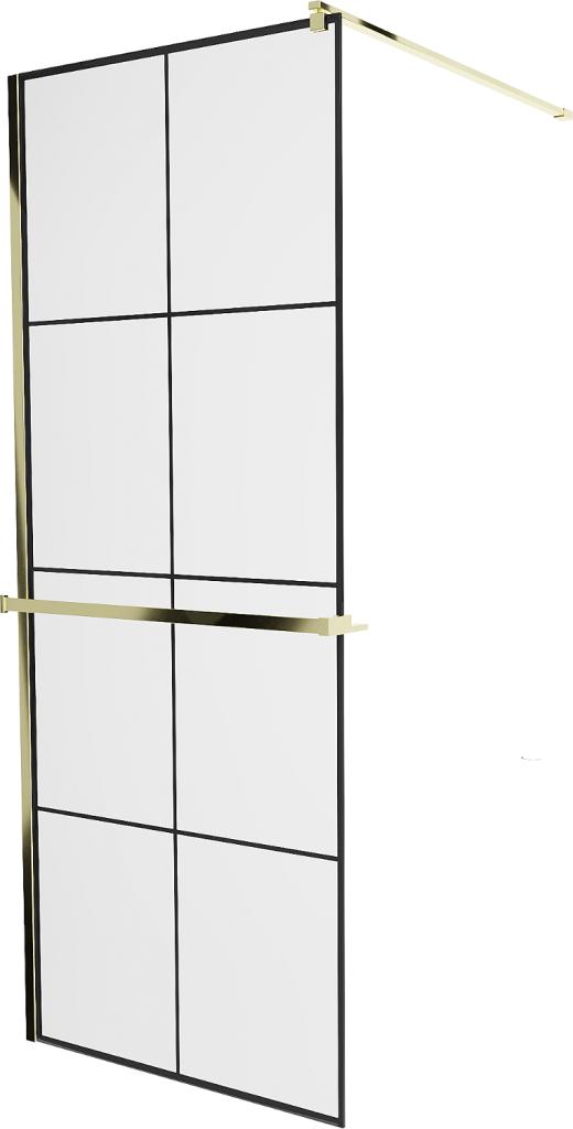 Obrázok MEXEN/S - KIOTO Sprchová zástena WALK-IN s poličkou a držiakom uterákov 70 x 200 cm, transparent/čierna 8 mm, zlatá 800-070-121-50-77