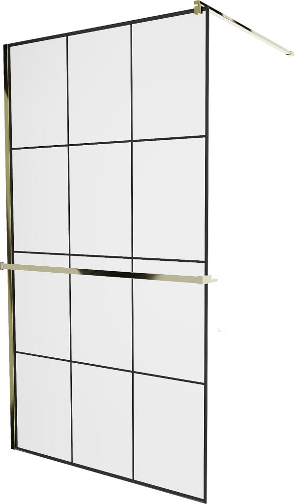 Obrázok MEXEN/S - KIOTO Sprchová zástena WALK-IN s poličkou a držiakom uterákov 100 x 200 cm, transparent/čierna 8 mm, zlatá - 800-090-121-50-77 800-100-121-50-77