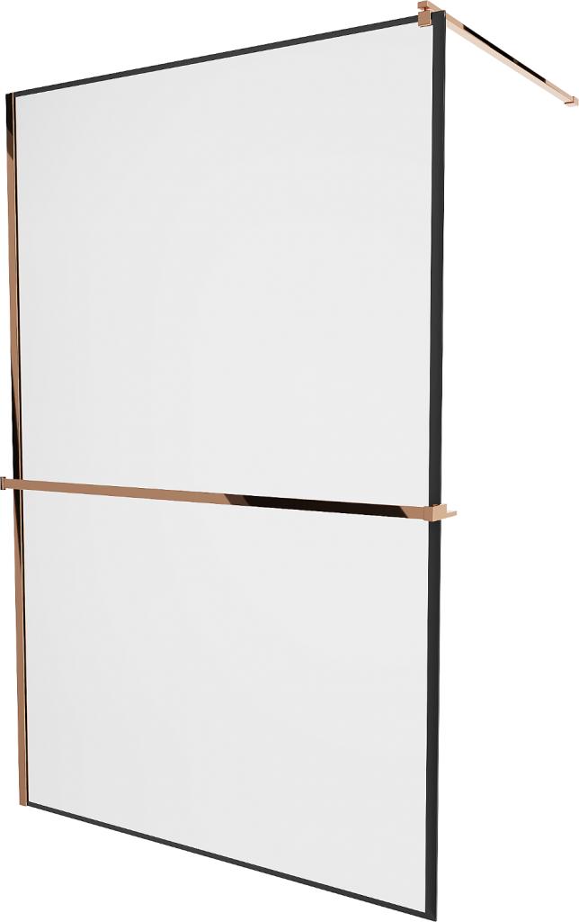 Obrázok MEXEN/S - KIOTO Sprchová zástena WALK-IN s poličkou a držiakom uterákov 100 x 200 cm transparent/čierna 8 mm, ružové zlato 800-100-121-60-70