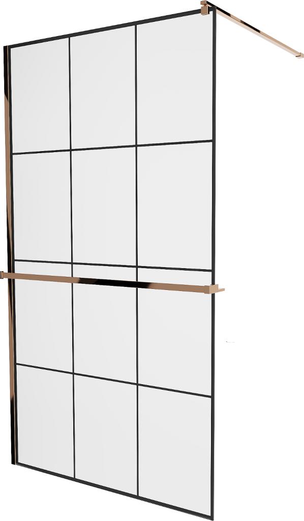 Obrázok MEXEN/S - KIOTO Sprchová zástena WALK-IN s poličkou a držiakom uterákov 100 x 200 cm, transparent/čierna 8 mm ružové zlato 800-100-121-60-77