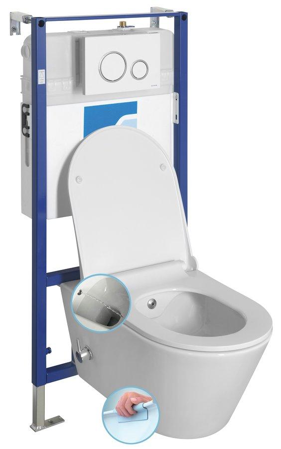 Obrázok Závesné WC AVVA Rimless, integr. batérie a bidet. spŕška s podomietkovou nádržkou a tlačidlom Schwab, biela 100315-SET5