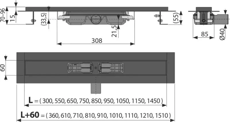 Obrázok Alcadrain Podlahový žľab s okrajom pre perforovaný rošt, čierna-mat APZ101BLACK-750 APZ101BLACK-750