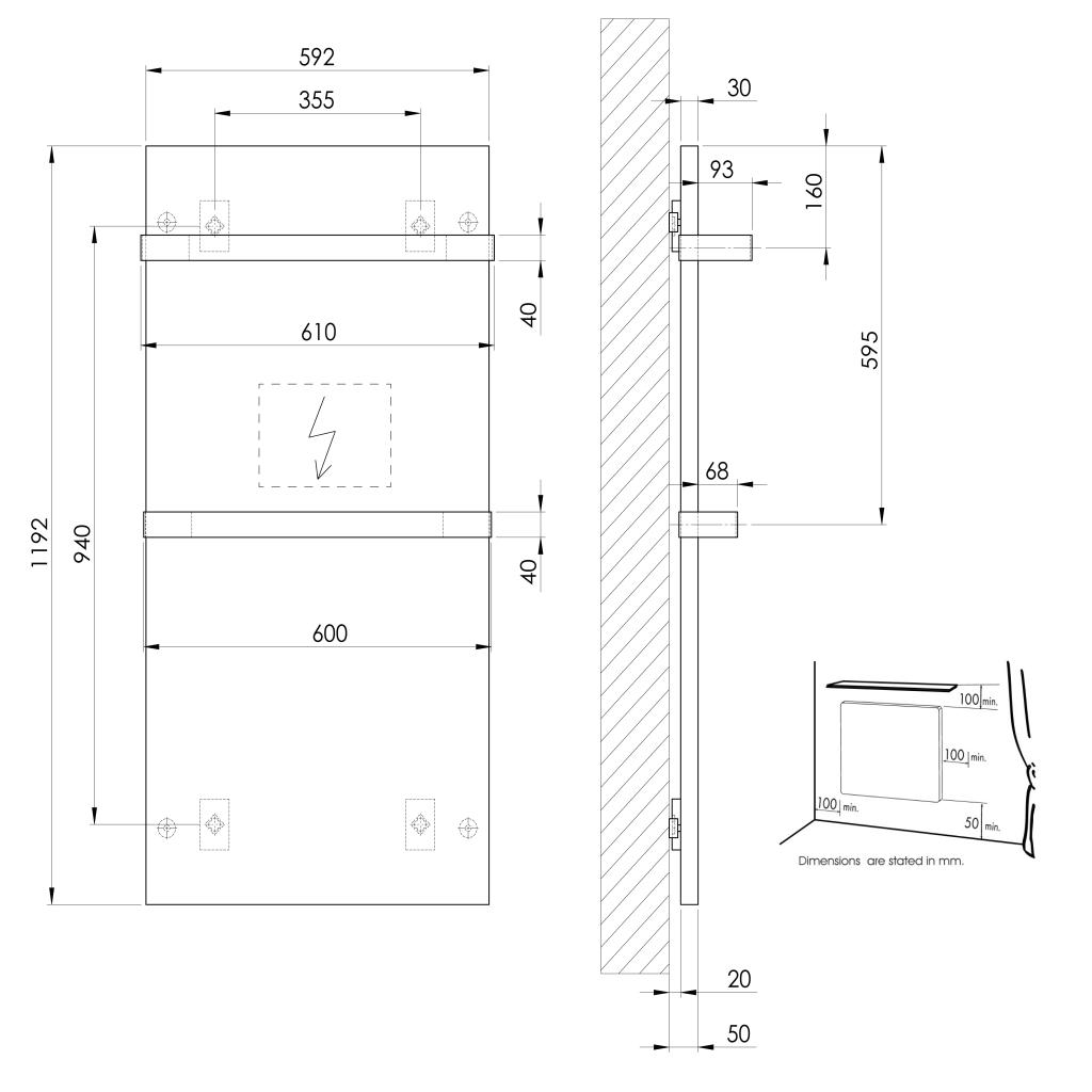 Obrázok SAPHO - ENIS kúpeľňový sálavý vykurovací panel 600W, 590x1200 mm, držiaky uterákov, IP44, čierna mat RH600B-2