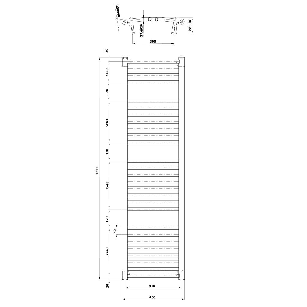 Obrázok AQUALINE - ORBIT vykurovacie teleso s bočným pripojením 450x1320 mm, 594 W, biela ILO34T