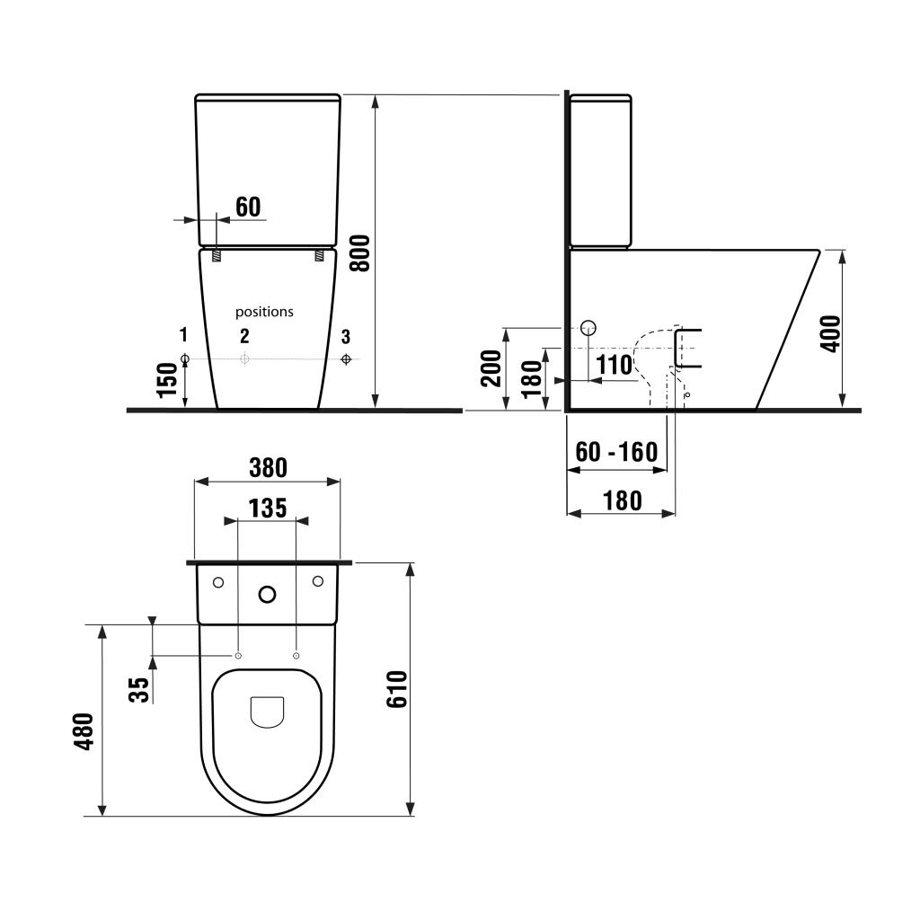 Obrázok SAPHO - PACO RIMLESS WC kombi, spodný/zadný odpad, čierna PC1012WRB