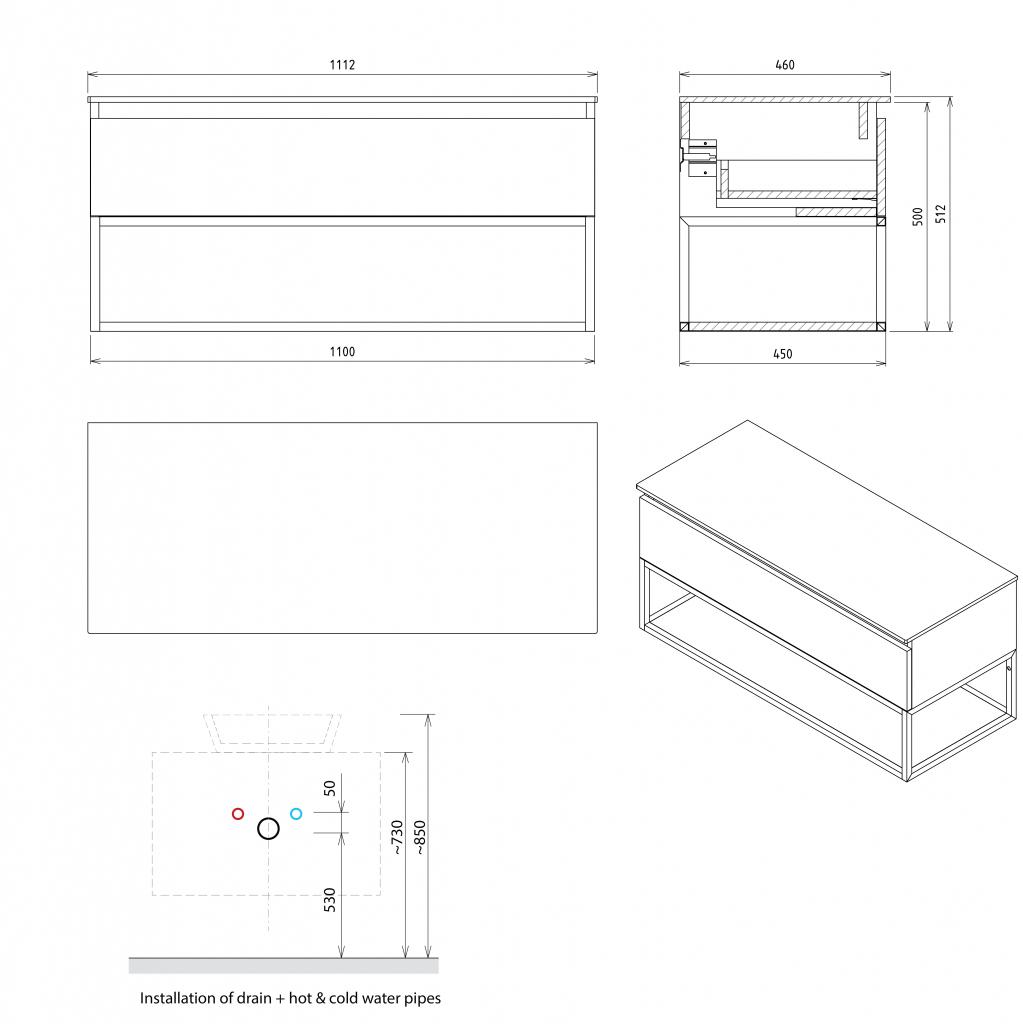 Obrázok SAPHO - SKARA umývadlová skrinka 110x50x45cm, čierna mat/dub alabama CG007-2222