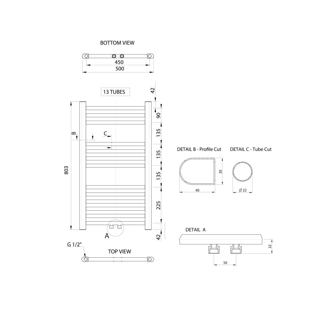 Obrázok AQUALINE - ALYA vykurovacie teleso rovné 500x803mm, stredové pripojenie, chróm LLS301