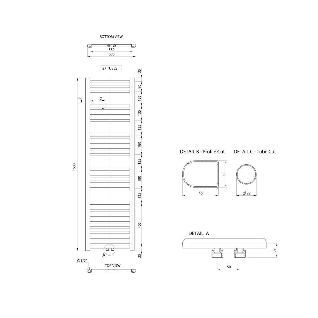 Obrázok AQUALINE - ALYA vykurovacie teleso rovné 600x1600mm, stredové pripojenie, chróm LLS305