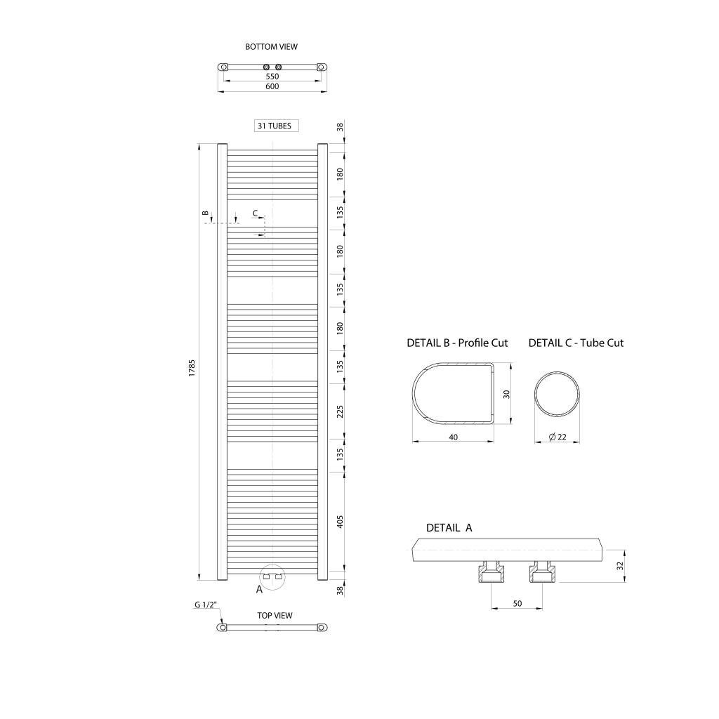 Obrázok AQUALINE - ALYA vykurovacie teleso rovné 600x1785mm, stredové pripojenie, chróm LLS306