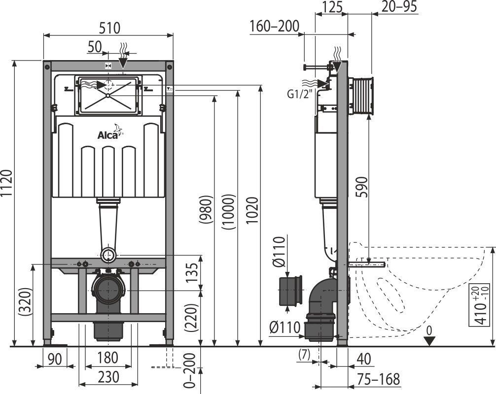 ALCADRAIN Sádromodul - predstenový inštalačný systém s bielym / chróm tlačidlom M1720-1 + WC REA CARLO MINI RIMLESS ČIERNY MAT + SEDADLO AM101/1120 M1720-1 MM1