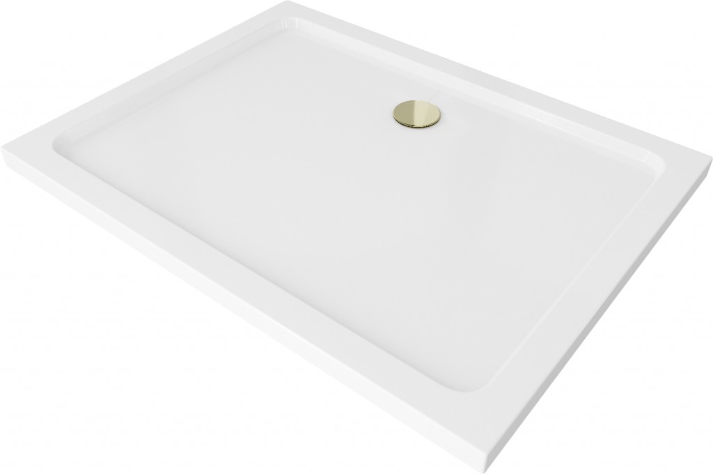 MEXEN/S - Flat sprchová vanička obdĺžniková slim 100 x 70, biela + zlatý sifón 40107010G