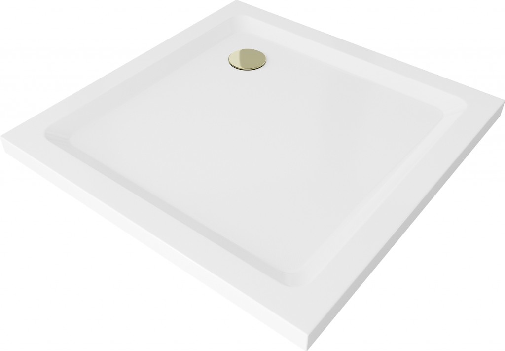 MEXEN/S - Flat sprchová vanička štvorcová slim 80 x 80, biela + zlatý sifón 40108080G
