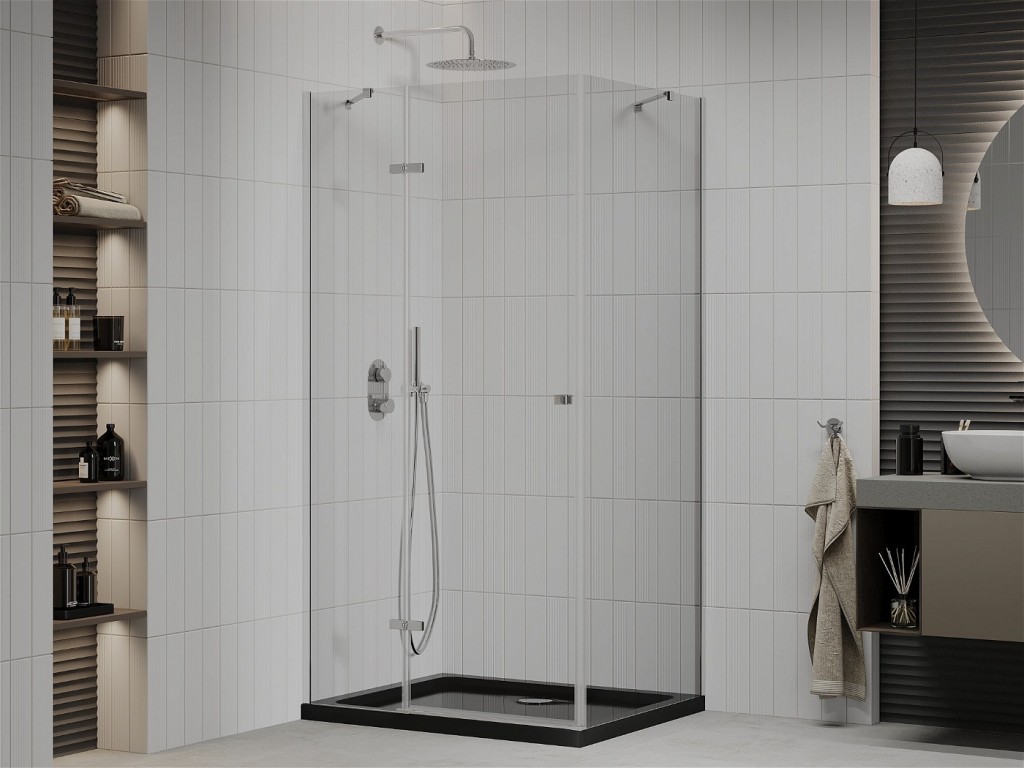 MEXEN/S - Roma sprchovací kút 100x90, transparent, chróm + čierna vanička so sifónom 854-100-090-01-00-4070