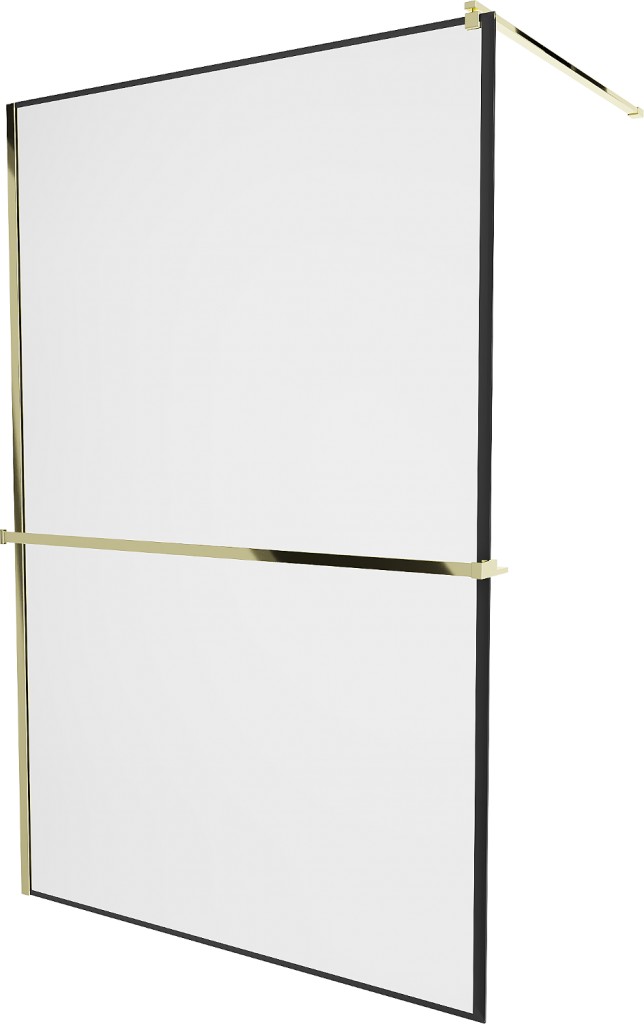 MEXEN/S - KIOTO Sprchová zástena WALK-IN s poličkou a držiakom uterákov 90 x 200, transparent/čierna 8 mm, zlatá 800-090-121-50-70