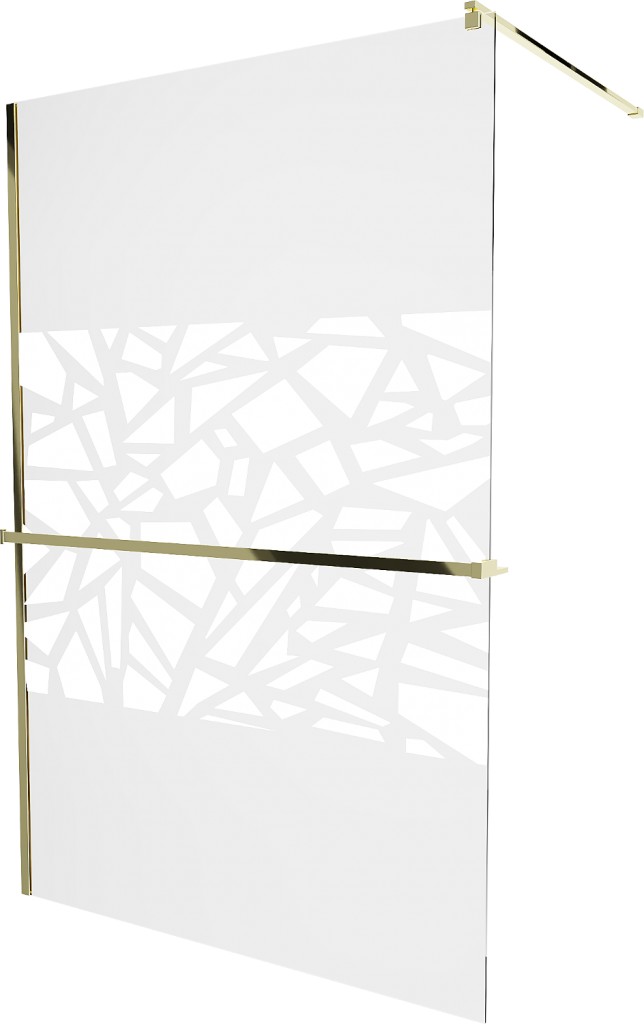 MEXEN/S - KIOTO Sprchová zástena WALK-IN s poličkou a držiakom uterákov 90 x 200, transparent/bialy vzór 8 mm, zlatá 800-090-121-50-85