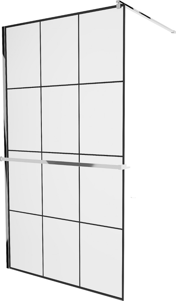 MEXEN/S - KIOTO Sprchová zástena WALK-IN s poličkou a držiakom uterákov 100 x 200, transparent/čierna 8 mm, chróm 800-100-121-01-77
