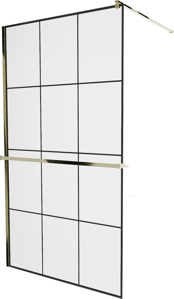 MEXEN/S - KIOTO Sprchová zástena WALK-IN s poličkou a držiakom uterákov 110 x 200, transparent/čierna 8 mm, zlatá 800-110-121-50-77