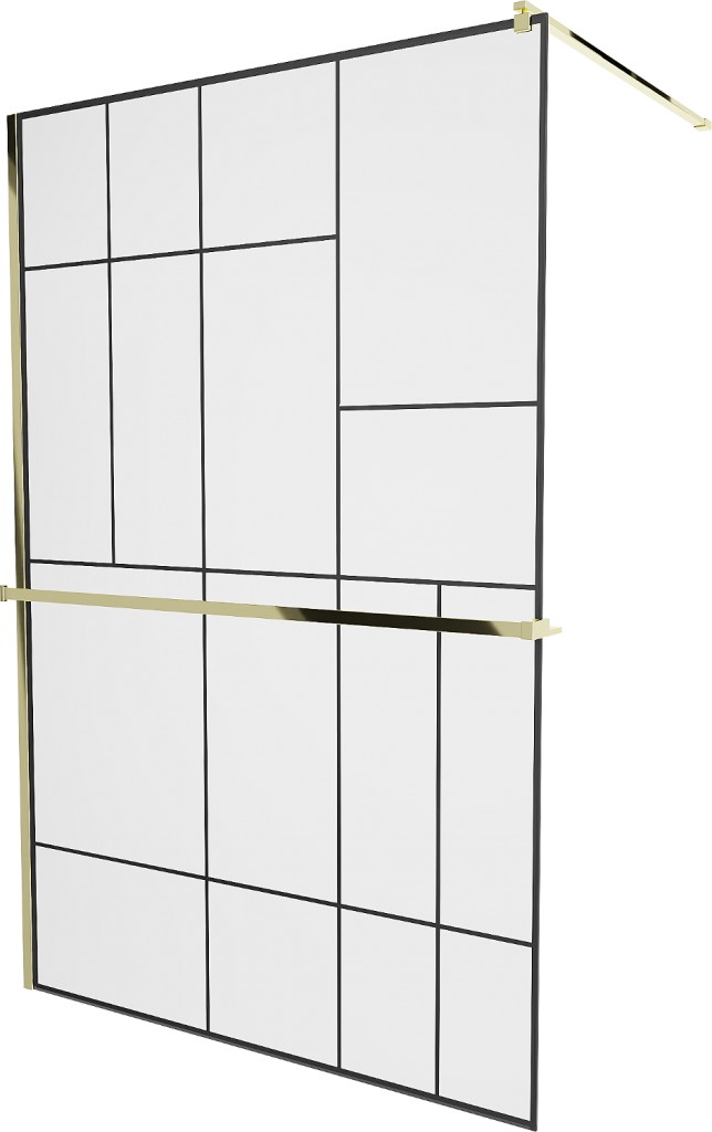 MEXEN/S - KIOTO Sprchová zástena WALK-IN s poličkou a držiakom uterákov 120 x 200, transparent/čierna 8 mm, zlatá 800-120-121-50-78