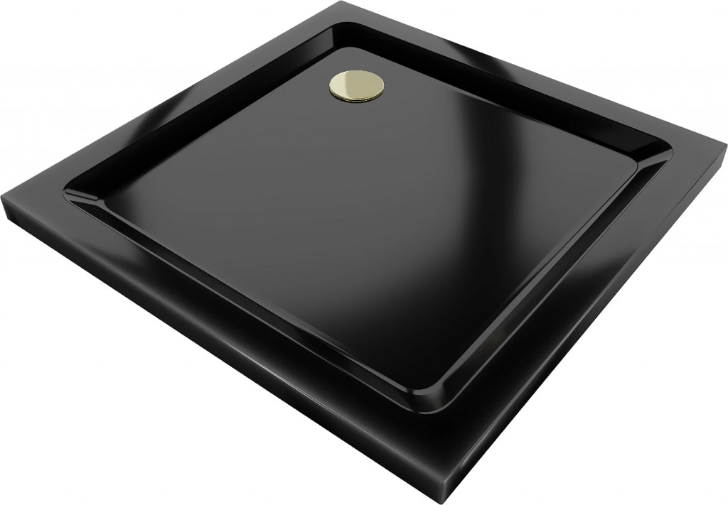 MEXEN/S - Flat sprchová vanička štvorcová slim 70 x 70, čierna + zlatý sifón 40707070G