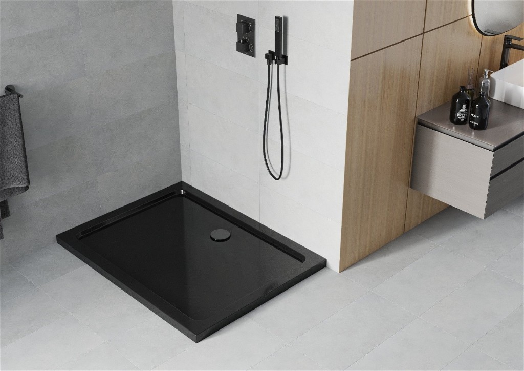 MEXEN/S - Flat sprchová vanička obdĺžniková slim 80 x 70, čierna + čierny sifón 40707080B
