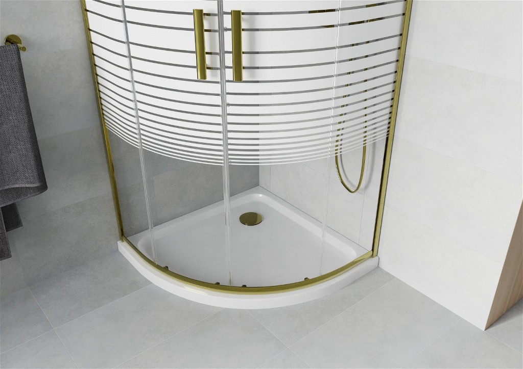 MEXEN/S - Apia sprchovací kút štvrťkruh 80x80, pruhy, zlatá + biela vanička so sifónom 863-080-080-50-20-4110G