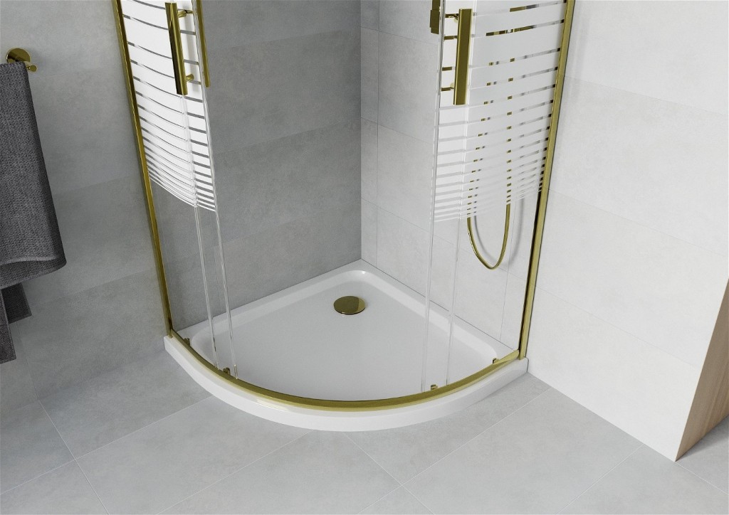 MEXEN/S - Apia sprchovací kút štvrťkruh 80x80, pruhy, zlatá + biela vanička so sifónom 863-080-080-50-20-4110G