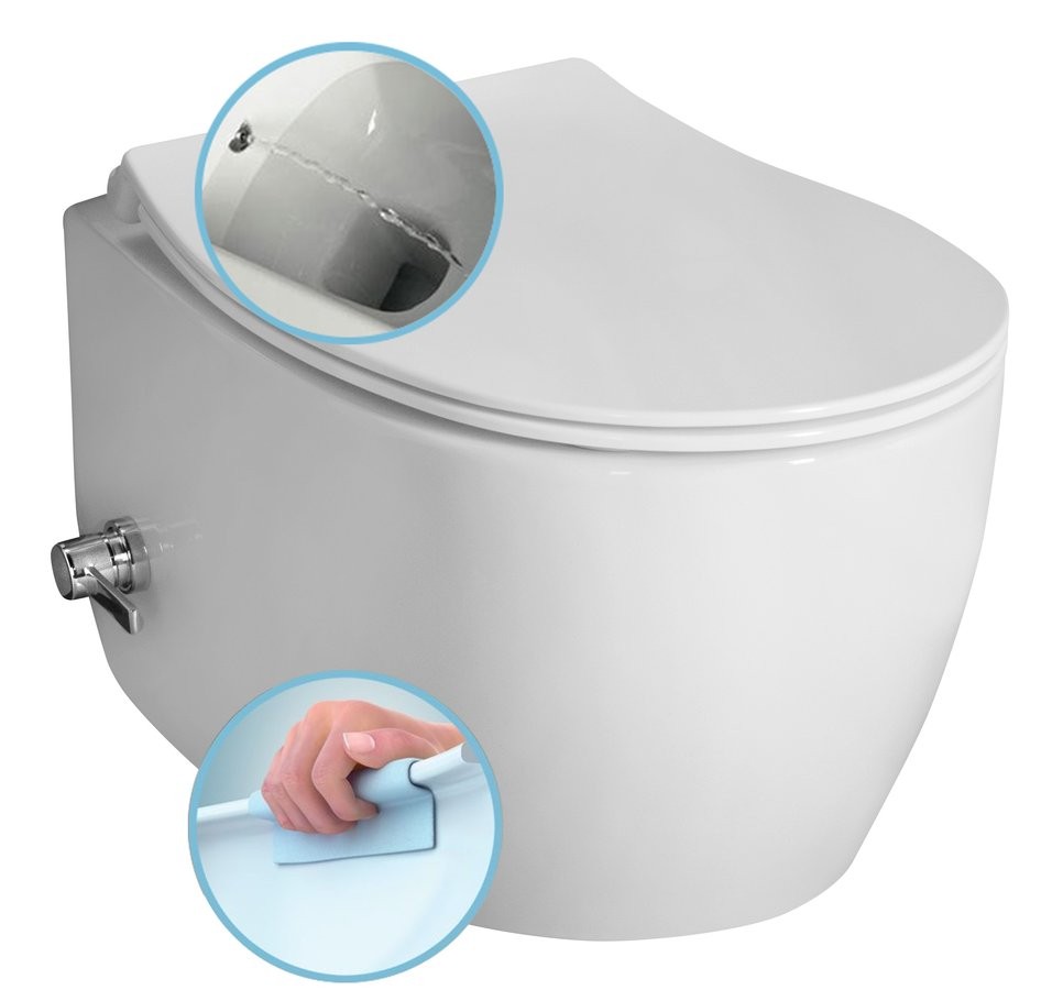 ISVEA - SENTIMENTI CLEANWASH závesná WC misa Rimless, integrovaný ventil a bidetová spŕška 36x51cm, biela 10ARS1010