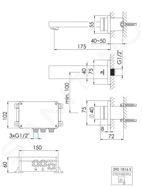 STEINBERG - iFlow Elektronická umývadlová batéria pod omietku s termostatom, 2-otvorová inštalácia, matná čierna 390 1816 S