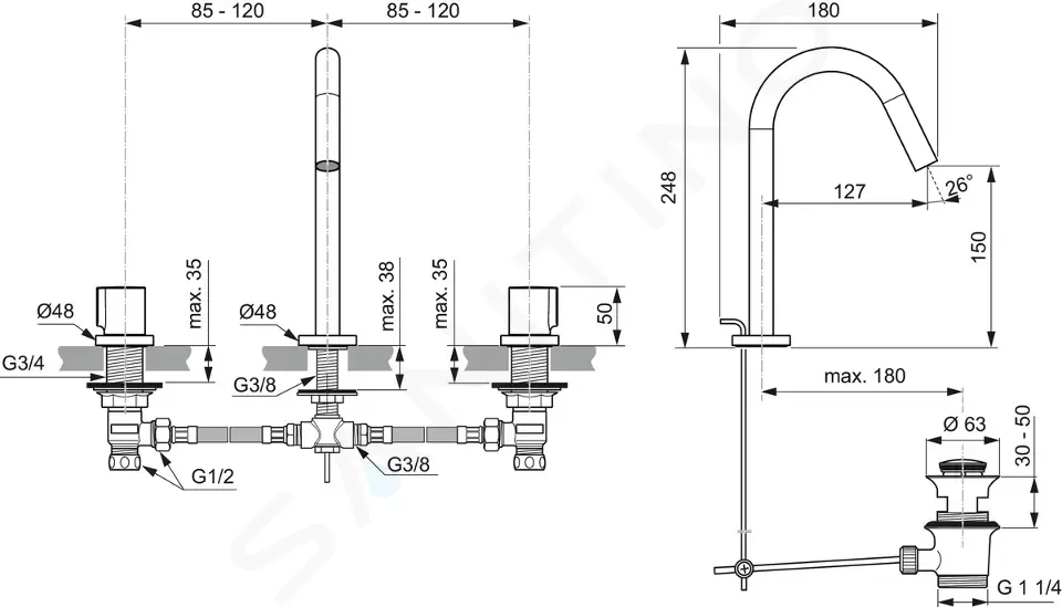 IDEAL STANDARD - Joy Umývadlová batéria, 3-otvorová inštalácia, s výpustom, Silver Storm BC783GN