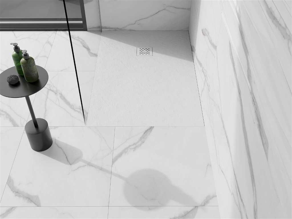 MEXEN/S - Stone+ obdĺžniková sprchová vanička 100 x 80, biela, mriežka biela 44108010-W