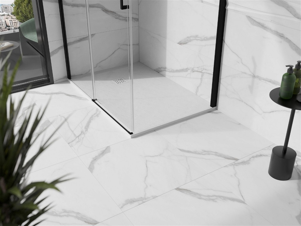 MEXEN/S - Stone+ obdĺžniková sprchová vanička 100 x 80, biela, mriežka biela 44108010-W
