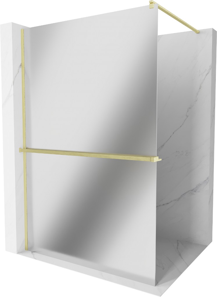 MEXEN/S - Kioto+ Sprchová zástena WALK-IN s poličkou a držiakom uterákov 110 x 200 cm, zrkadlová, zlatá kartáčovaná 800-110-121-55-50
