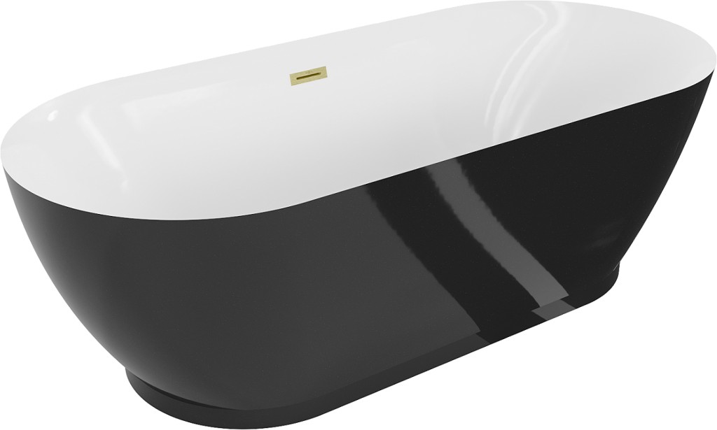 MEXEN/S - Roxy voľne stojaca vaňa 180 x 85 cm, biela/čierna, sifón a prepad zlatá kartáčovaná 51201808575-55