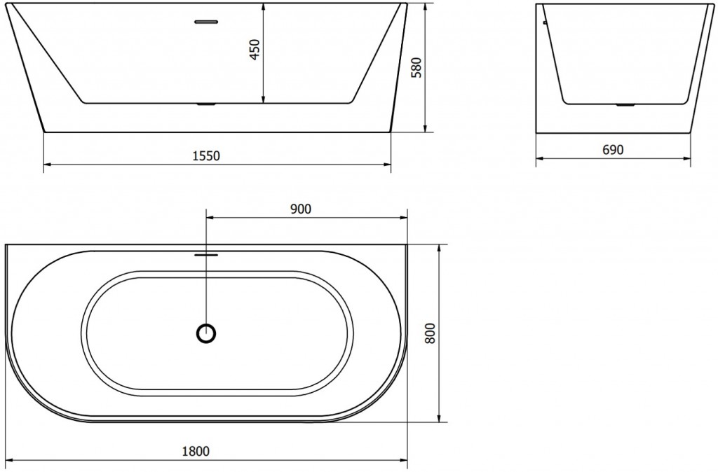 MEXEN/S - Oval vaňa voľne stojaca rohová 180 x 80 cm, biela/čierna, sifón a prepad chróm 52671808075-01