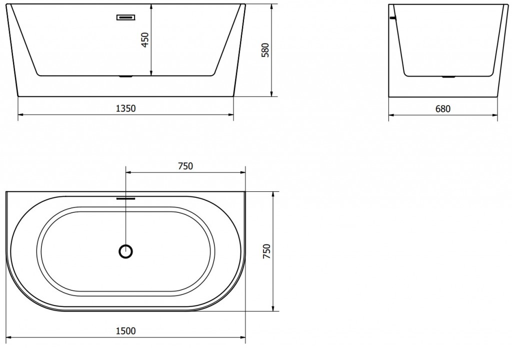 MEXEN/S - Oval vaňa voľne stojaca rohová 150 x 75 cm, biela, sifón a prepad nikel kartáčovaná 52671507500-97