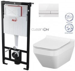 ALCADRAIN Sádromodul - předstěnový instalační systém s bílým tlačítkem M1710 + WC CERSANIT CLEANON CREA čtverec + SEDÁTKO (AM101/1120 M1710 CR2)