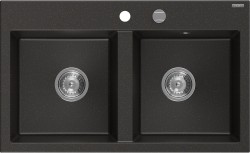 MEXEN - Hektor granitový drez 2-bowl 800 x 480 mm, čierna/zlatá metalik, sifón chróm (6521802000-75)